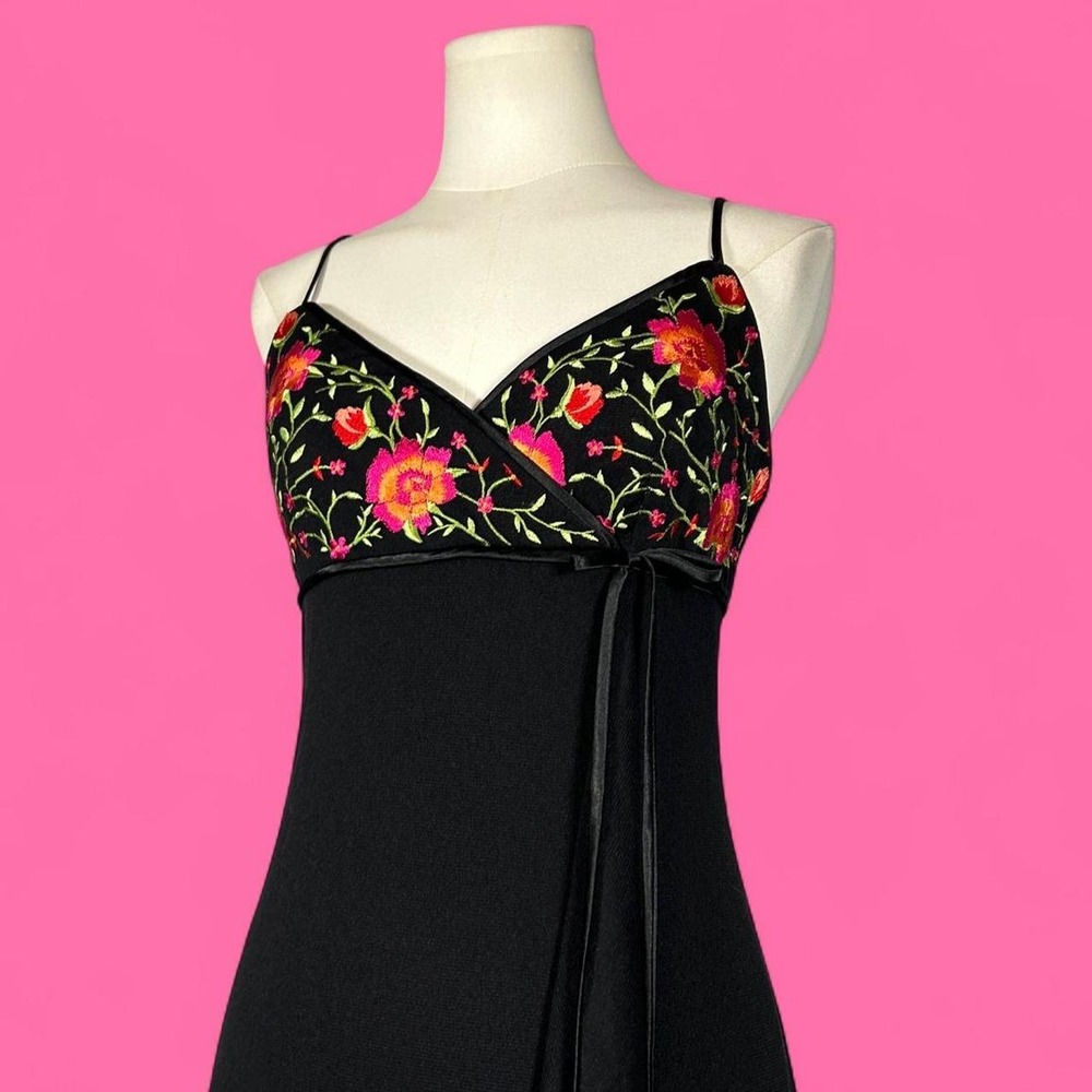 Vintage De Laru Black Mesh Tiered Maxi Dress Floral Embroidery Womens 7/8 Whimsy
